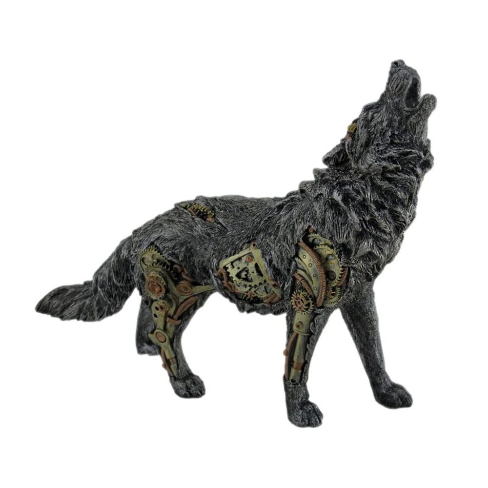 Cool Steampunk Style Howling Gray Wolf Statue